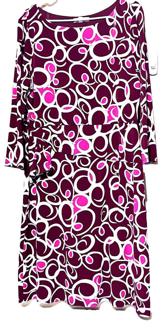 TRINHNOLOGY Women's Dress Burgundy Pink Swirl print Knee Length Long sleeve 14